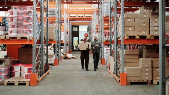 Two workers handle a package in a spacious warehouse surrounded by shelves stocked with boxes and products.