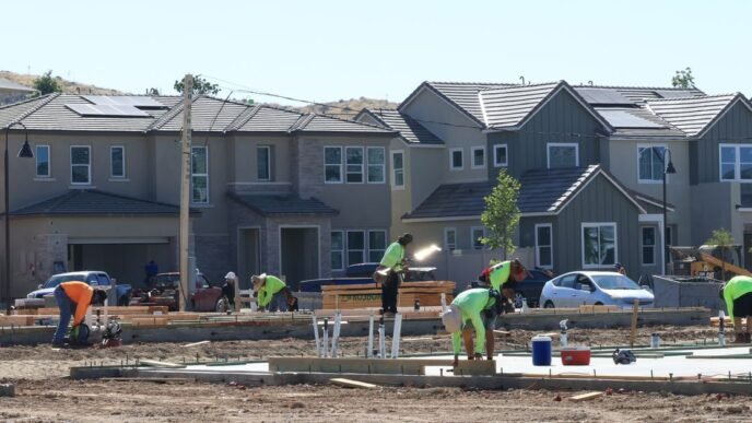 Construction workers laying foundations in a modern housing development.