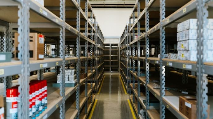Wide view of an organized industrial warehouse with metal shelving and stored merchandise.