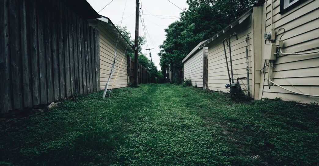 Rustic alleyway with grass pathway between wooden and metal fences in a residential area.