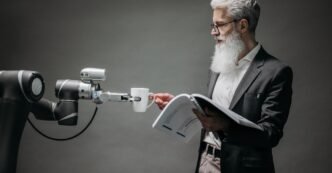 A scientist interacts with a robot helper, demonstrating modern technological innovation.