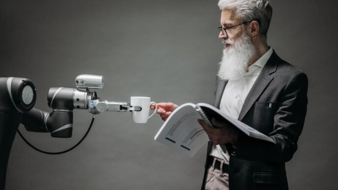 A scientist interacts with a robot helper, demonstrating modern technological innovation.