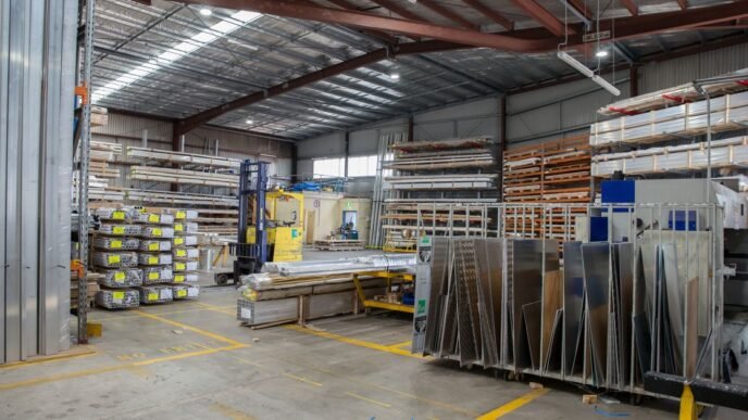 Wide view of an industrial warehouse interior showcasing stacks of steel and metal sheets.