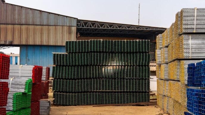 Colorful stacks of industrial materials organized in an outdoor yard, showcasing vibrant organization.